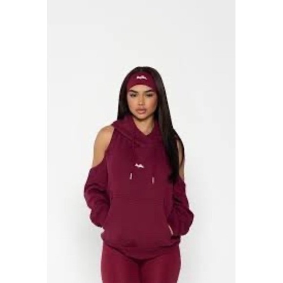 Aqilla Flex Hoodie Wine Cold Shoulder Open Back Hoodie XS/S New MSRP $128 - Picture 2 of 8